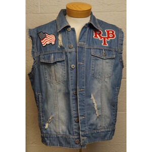 Red Tag Brand Distressed Denim Vest Biker Jacket Sz XXL